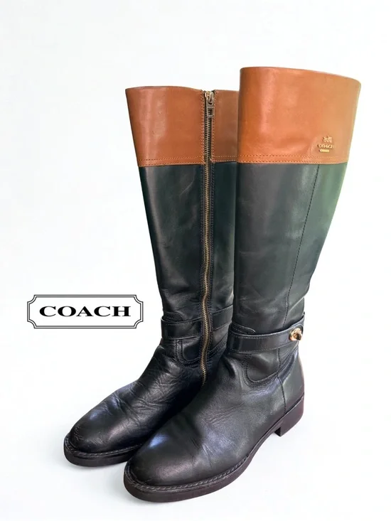Coach Eva Mat Calf Two Tone Leather Riding Boots Black Saddle Brown 8.5 w/ box