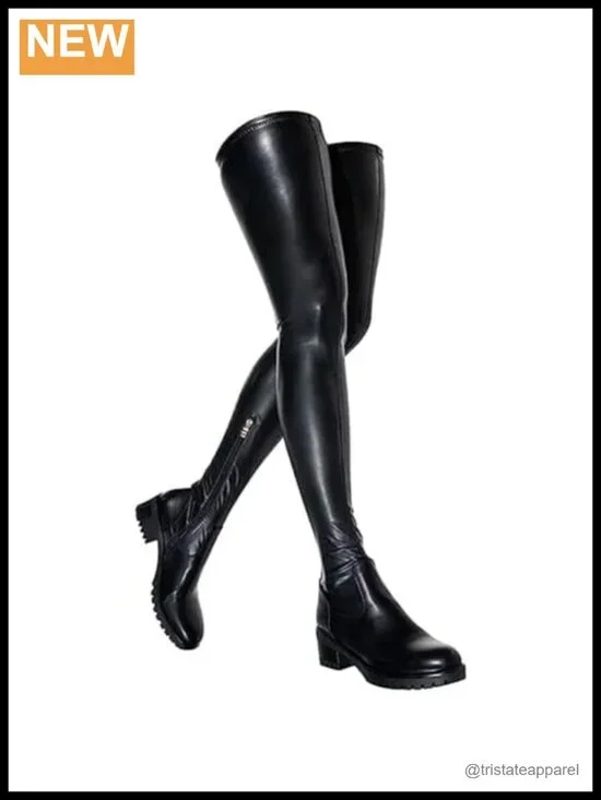 Over the Knee High Boots Chunky Heel Slip On Faux Leather Stretch Thigh High
