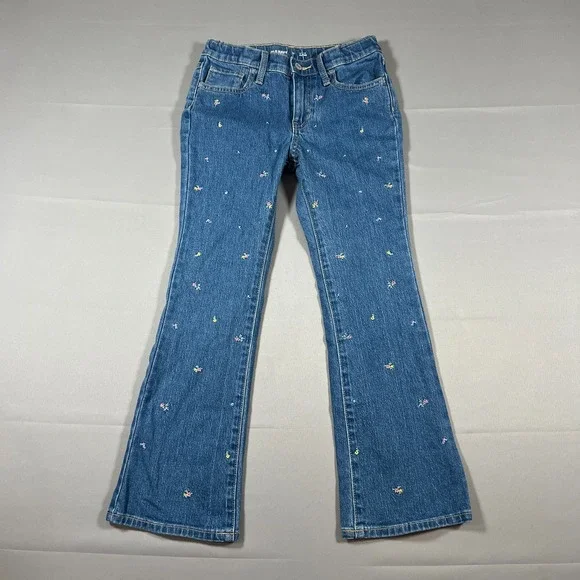 Old Navy Embroidered Flare Leg Jeans Girls 12 Blue Stretch High Rise Medium Wash