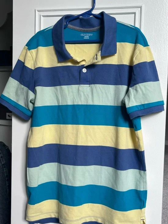 Old Navy Men’s Short Sleeve Polo in Navy, Teal & Yellow Stripes