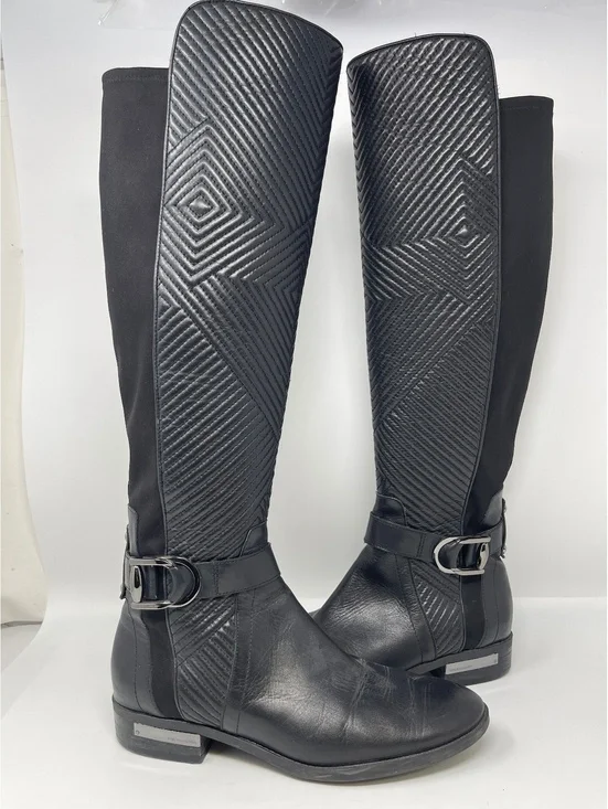 Black Leather Over The Knee Boots 9 Quilted Front Buckle Stretch Back Low Heel