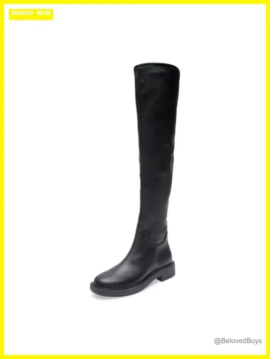 Stretch Over-the-Knee Flat Boots Round Toe Block Heel Faux Leather