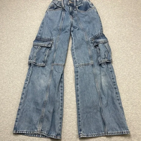 Old Navy Jeans Kids 10 Baggy High Rise Light Wash Cargo Built-In Tough EUC