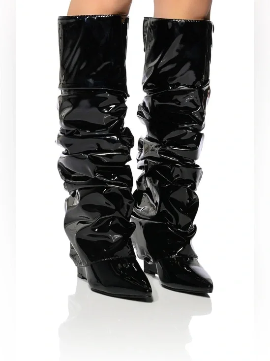 Women's Black Patent Slouch Knee-High Boots