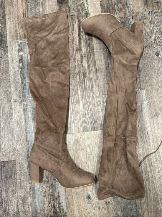 Taupe Over-the-Knee Faux Suede Low Block Heel Tie Back Boots Size 11