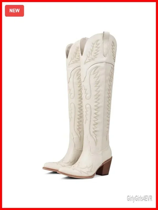 Over the Knee Cowboy Boots Women Western Pointed Toe Leather Block Heel Slip On