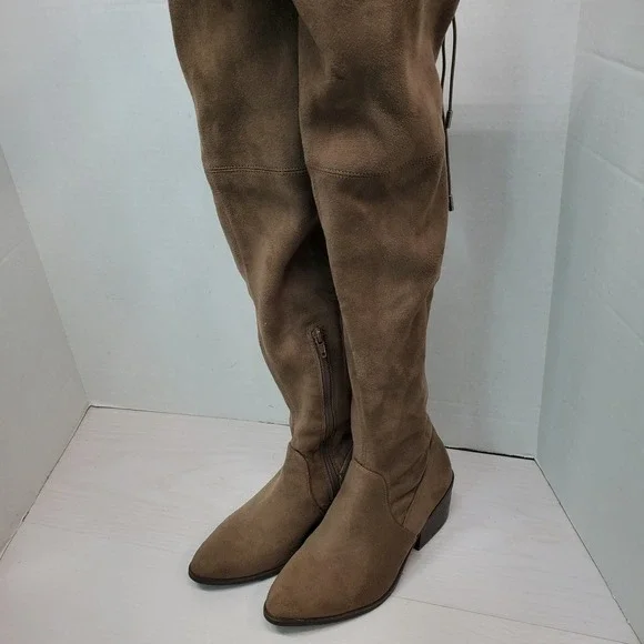 Taupe Faux Suede Over the‎ Knee Boots Pointed Toe Block Heel Tie Back Brown Boho