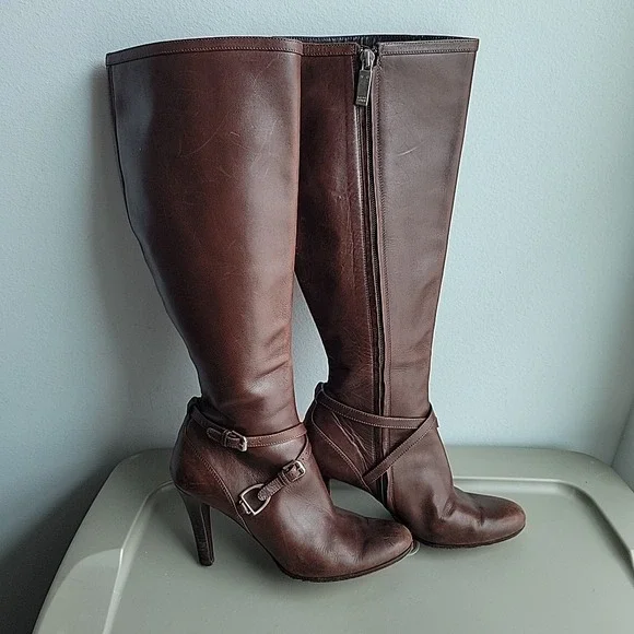 Ralph Lauren Purple Label Knee High Leather Boots Womens Size 6.5 Brown Heel Zip