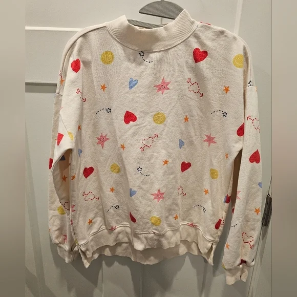 Old Navy Kids XL 14–16 Sweatshirt Mock Neck Cream Heart Star Print Pullover
