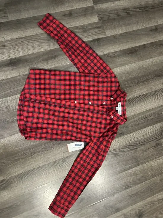 New Old Navy YL 10/12 Red Plaid Button Up Long Sleeve