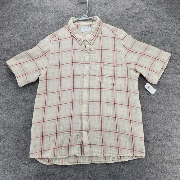 Old Navy Shirt Boys XXL 18 Plus Button Down Short Sleeve White Beige Plaid