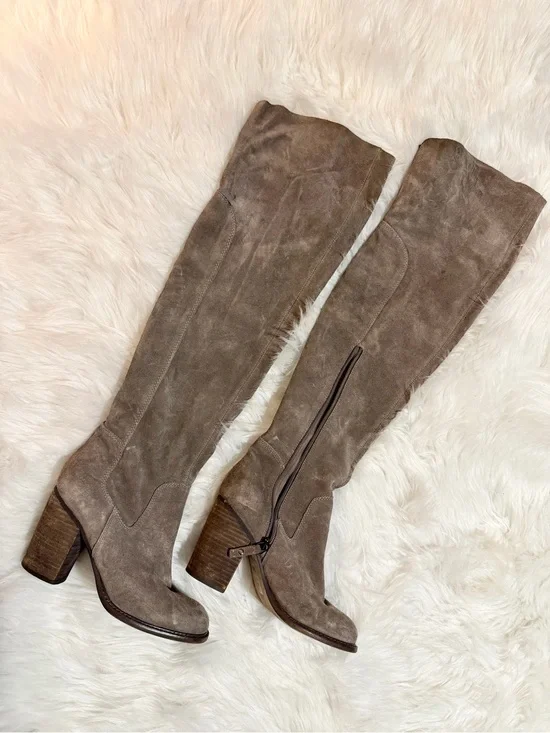 KDB Kelsi Dagger Taupe Suede Over the Knee Block Heel Boots