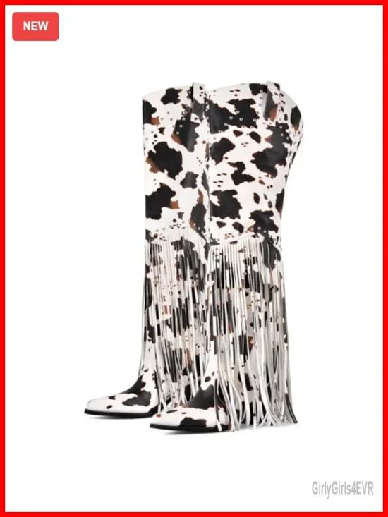 Fringe Over Knee Cowgirl Boots with Stacked Heel