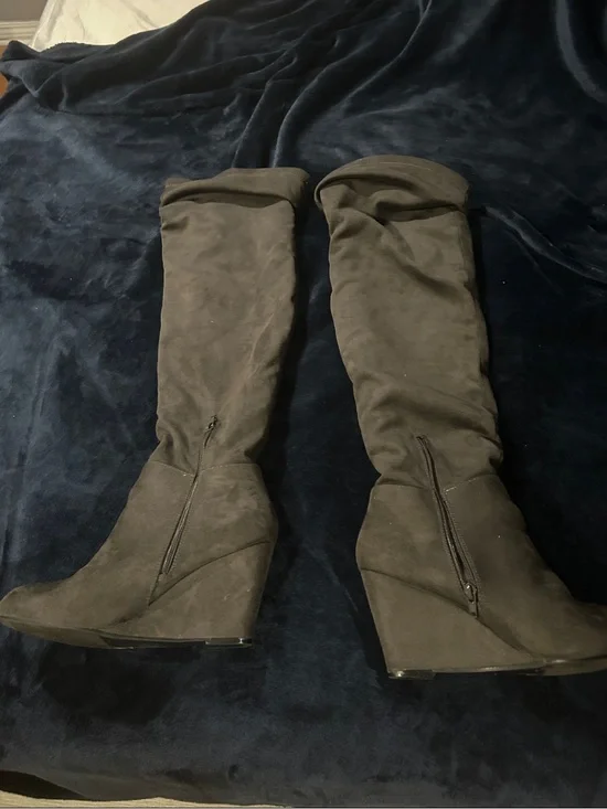 Over-the-Knee Wedge Boots in Dark Gray - Women's Fashion