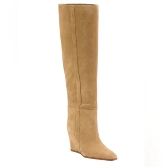 Vince Camuto Tiasie Over Knee Boots Tan Suede Wedge Wmn 5.5 Pointed Toe‎ Fall