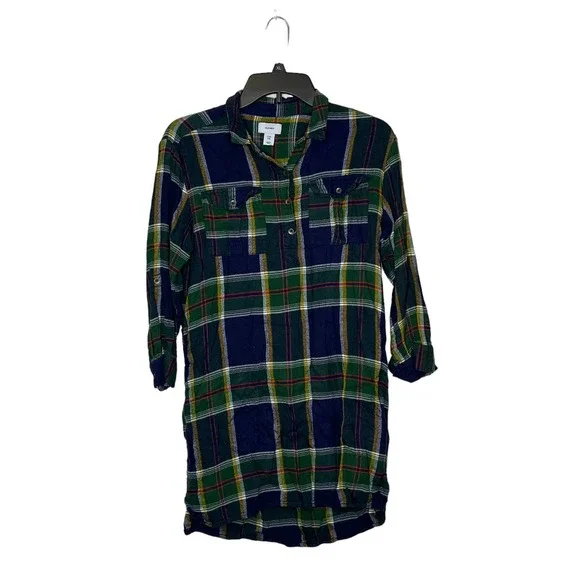Old Navy Girls L(10) Plus Green Blue Roll Tab Sleeve Plaid Flannel‎ Shirt Dress