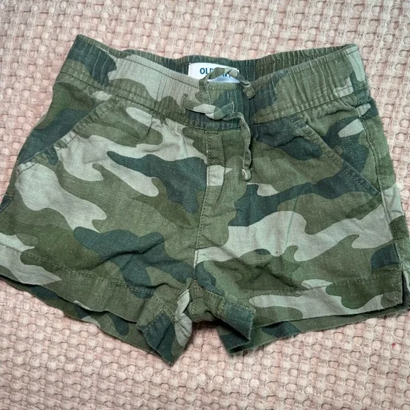 Old Navy Kids Girls XS (5) Green Camo Linen-Blend Shorts Pockets‎ Drawstring