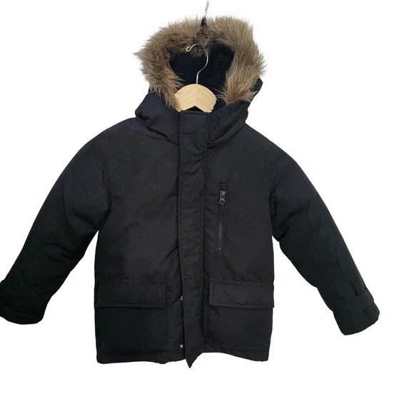 Old Navy Kids Black Water Resistant‎ Hooded Parka Jacket XS 5 Fur Trim