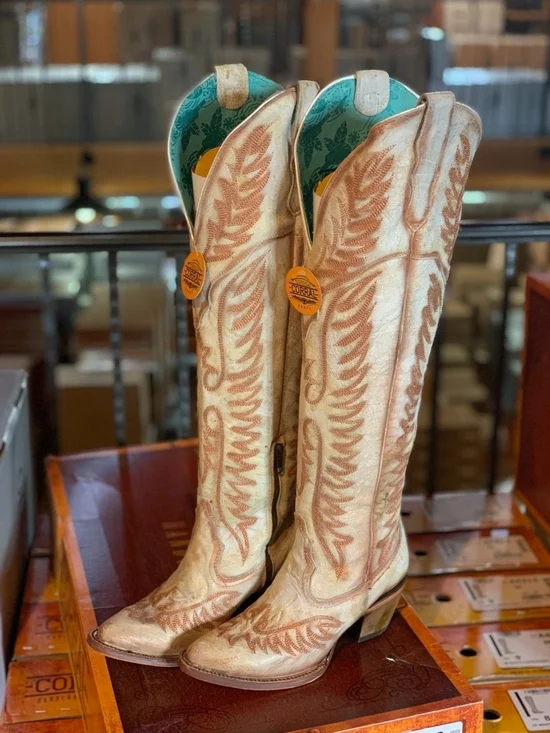 Corral Distressed Cream Copper Cognac Embroidery Tall Top Boots A4212
