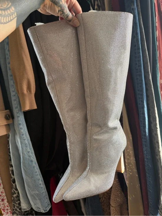 Steve Madden Silver Sparkle Knee-High Pointed Toe Boots