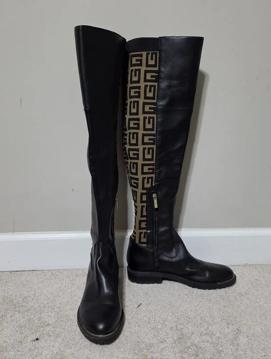Guess Over the Knee Boots Black Tan Monogram Logo Size 9.5