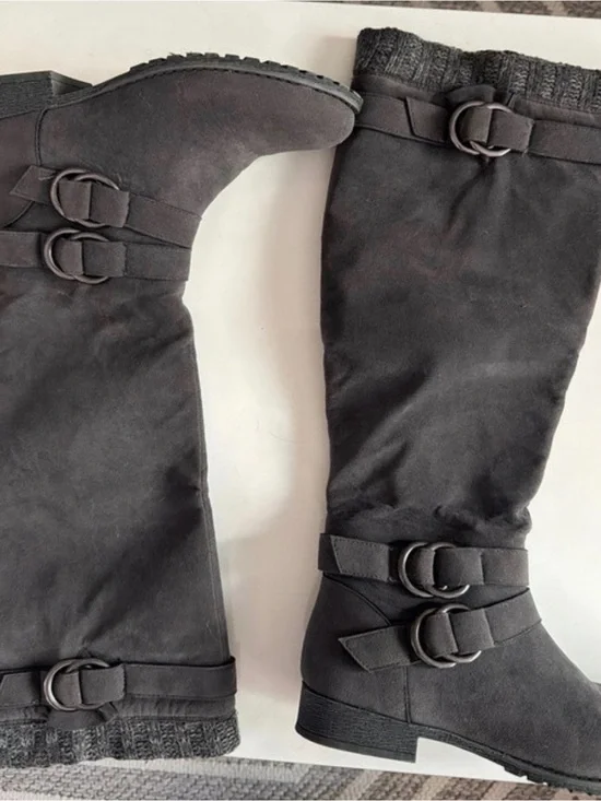 Shoe Dazzle Black Over-the-Knee Buckled Knit-Cuff Boots