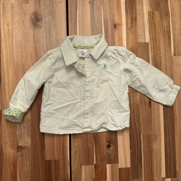 Old Navy Kids Green Pinstripe Button Down Shirt Floral Trim 12-18 Months Fall 05