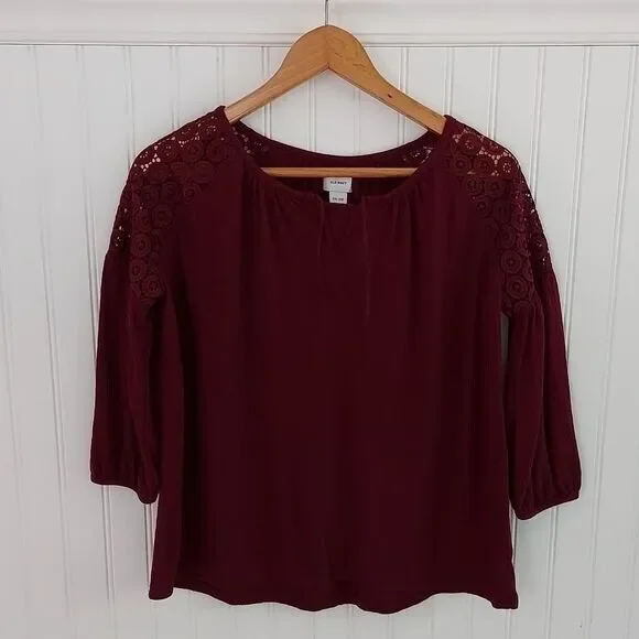 Old Navy Girls XXL 16 Burgundy Crochet Lace Shoulder‎ Peasant Blouse 3/4 Sleeve
