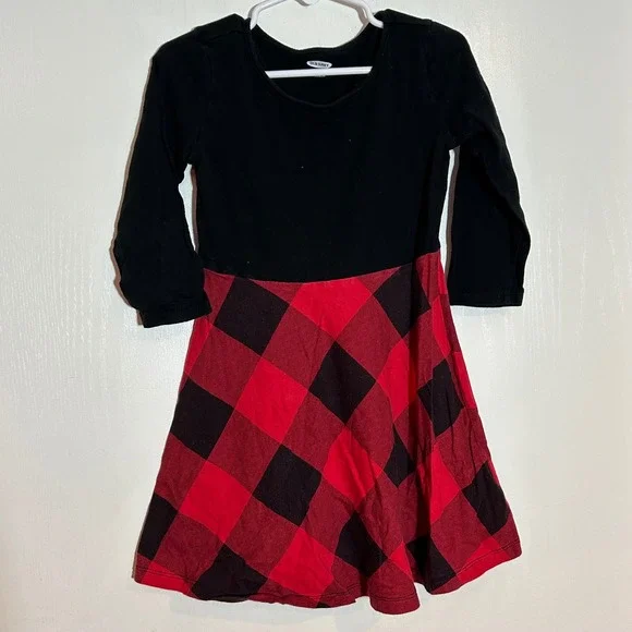 Old Navy Girls XS 5‎ Black Red Buffalo Plaid Long Sleeve Fit and Flare Dress
