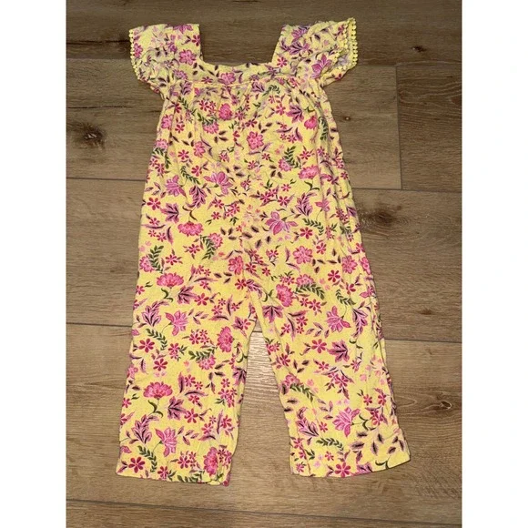 Old Navy Toddler Girls Floral Jumper‎ Yellow Pink Flutter Sleeve Romper 3T