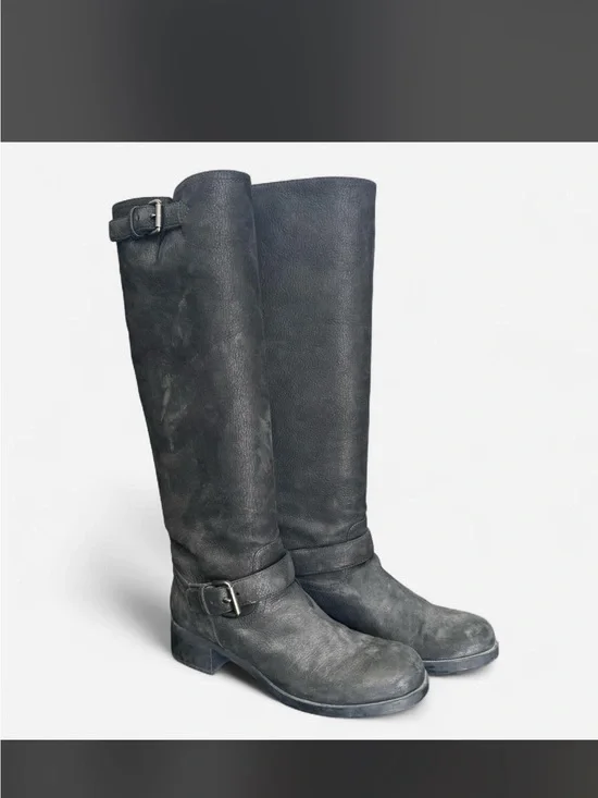 Prada Black Leather tall, the-Knee Buckle Boots
