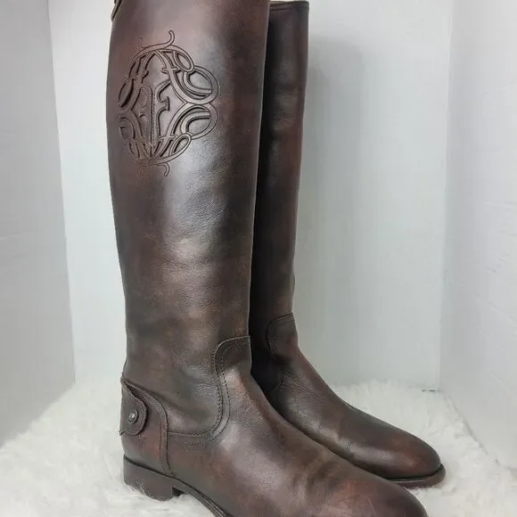 Frye Lindsay Womens Boots Size 8.5 Logo Embroidered Brown Riding Back Side Zip