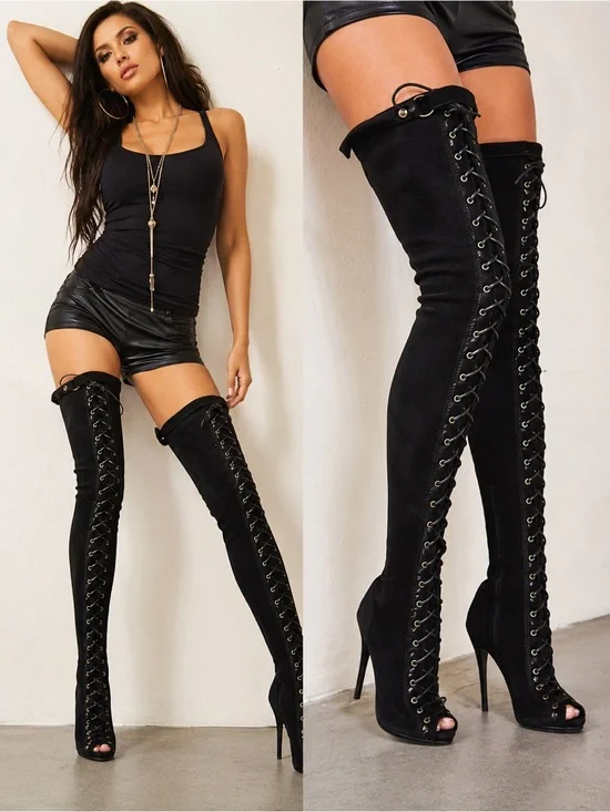 Colin Stuart Black Over-the-Knee Lace-Up Peep-Toe Boots