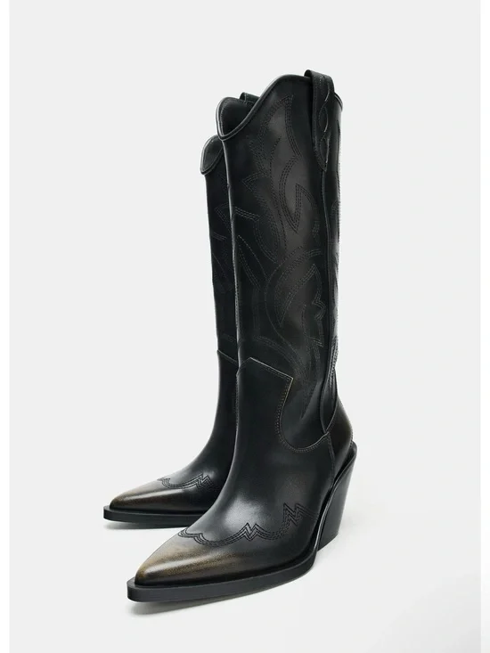 Zara Black Pointed-Toe Western Boots