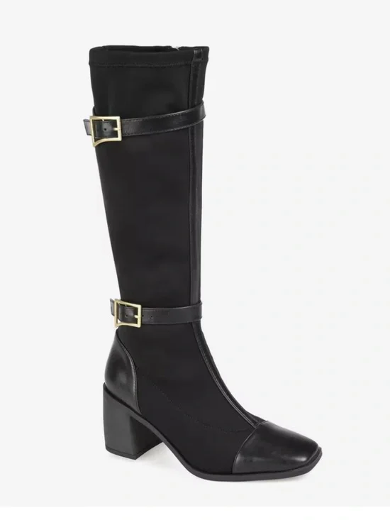 New Journee Collection Black Knee High Buckle Strap Block Heel Boots