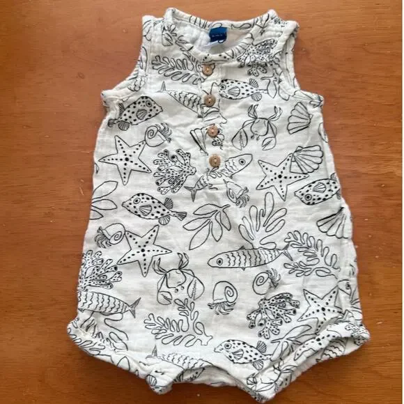 Old Navy Romper Muslin Black White Henley Button One Piece Outfit 6-12 Months