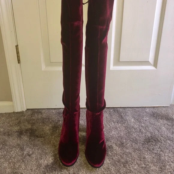Stuart Weitzman Over-the-Knee Velvet Boots in Burgundy