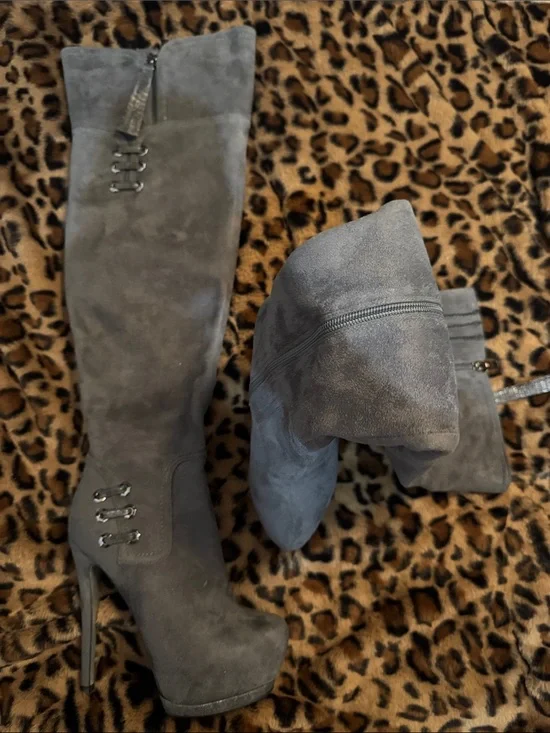 Women's Grey Suede Over-the-Knee Heeled Boots