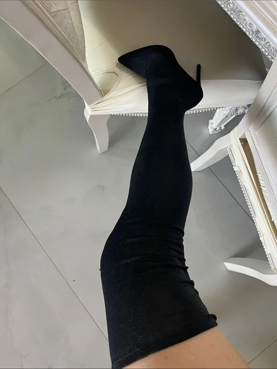 Black Over-the-Knee Stiletto Sock Boots - Women's High Heel Boots