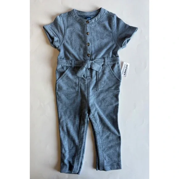 Old Navy Infant Girls 18-24M Blue Pants‎ Romper Short Sleeve Belted Button NEW