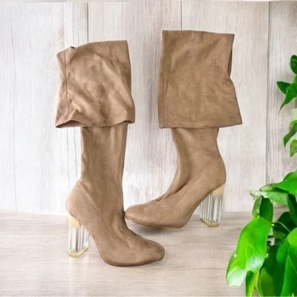 Truffle Collection Boots womens 8.5 Tan Knee High Theda Clear Heel Pull On