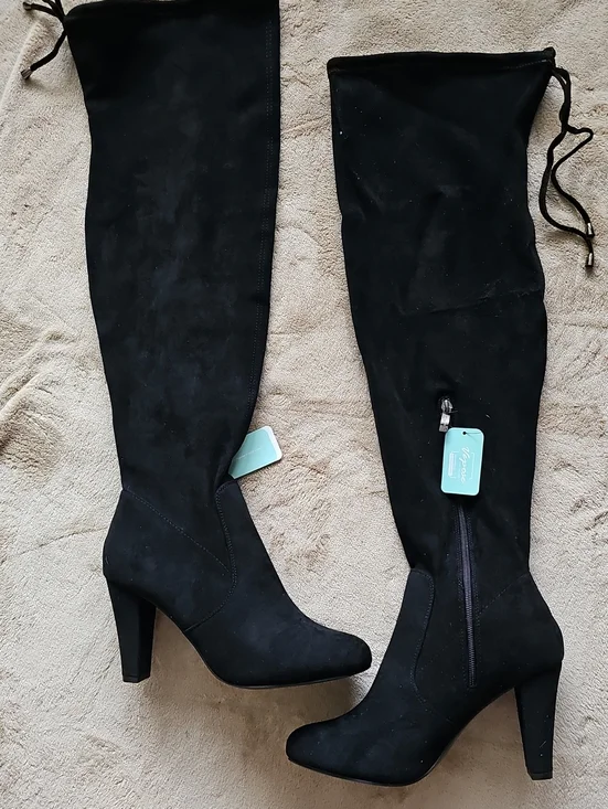 Women's Black Over-the-Knee Heeled Boots - Suede Look