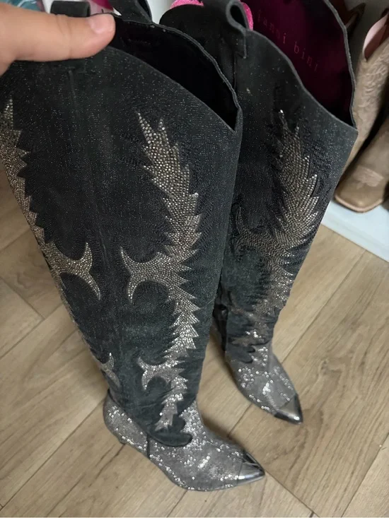 Gianni Bini Black Glitter Over-the-Knee Western Boots
