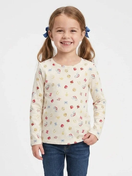 Old Navy Cream Long-Sleeve Tee with Small Red, Yellow & Blue Motifs