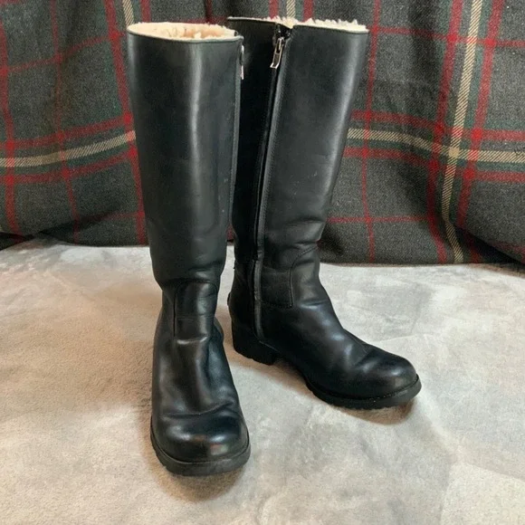 UGG Australia 1916 Black Leather Tall Knee High Shearling Lined Boots Womens 8