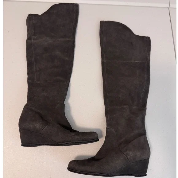 Franco‎ Sarto Abela Dark Grey Suede Over The Knee Wedge Boots Womens 7.5M cc