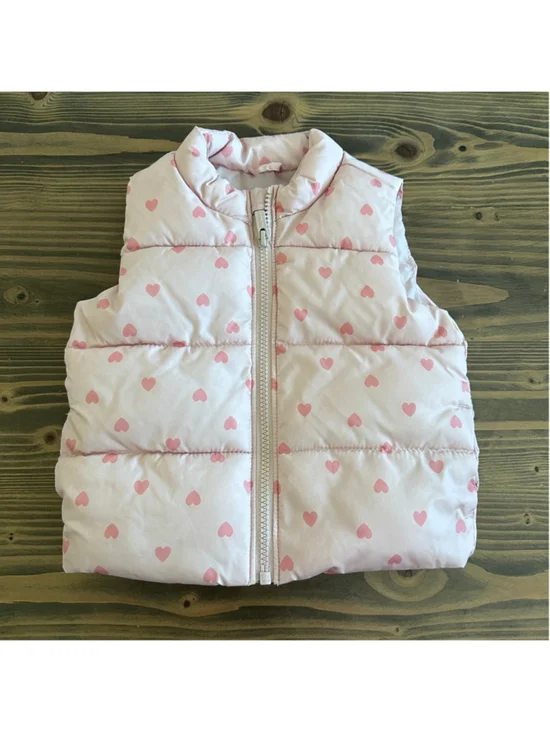 Old Navy Baby Puffer Vest 12-18M Pink Heart Print Zip Lightweight