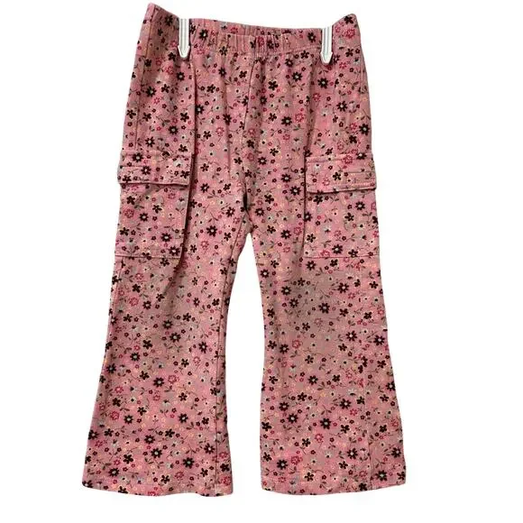 Old Navy Vintage Girls Size 2T Pink Floral Flare Cargo Pants Stretchy 70s Y2K