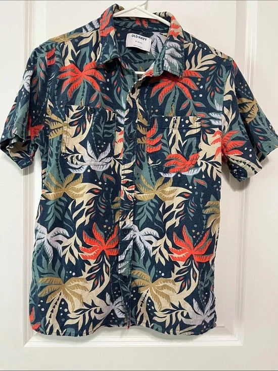 Old Navy Short Sleeve Tropical Linen Blend Pocket Shirt Sz XL