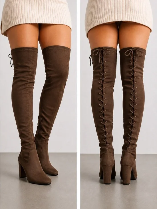Women’s Suede Thigh High Boots Color Brown Size 9 Lace Tie